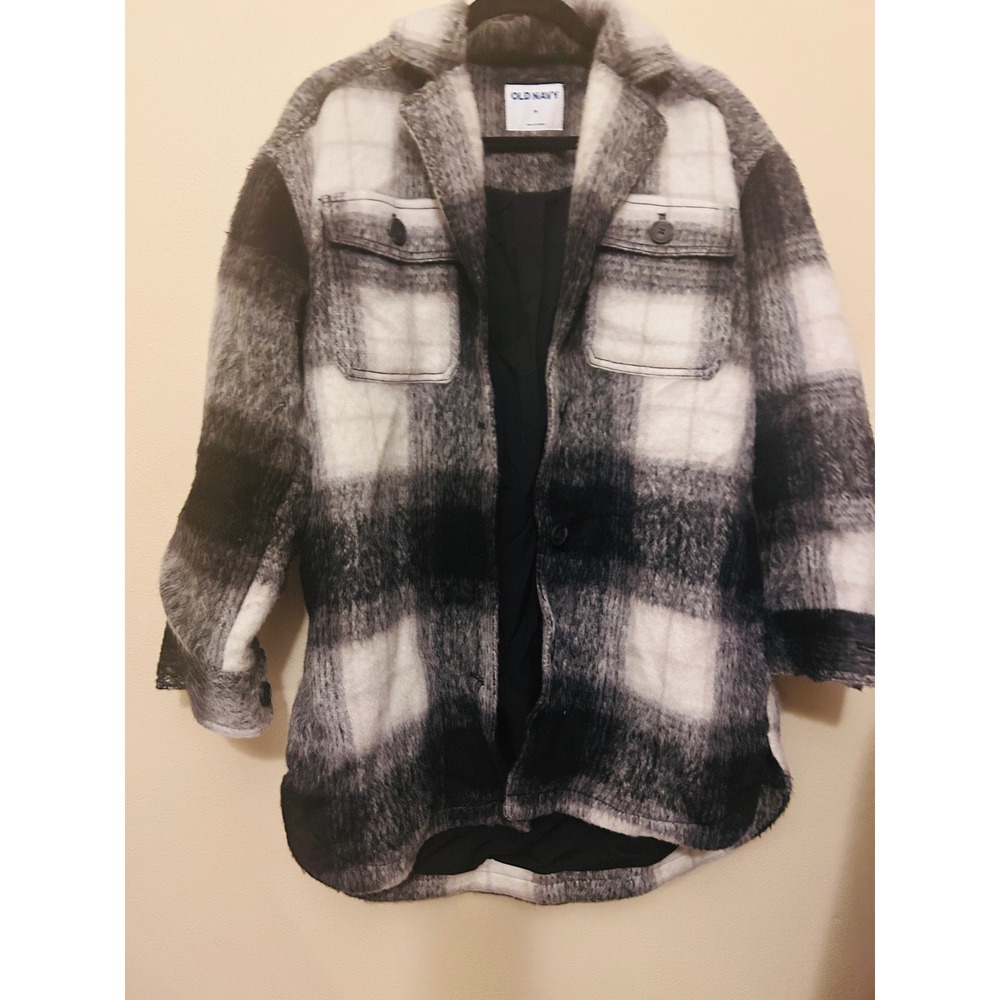 Old Navy Plaid Shacket Women Medium Black White Excellent Wool Blend Oversized